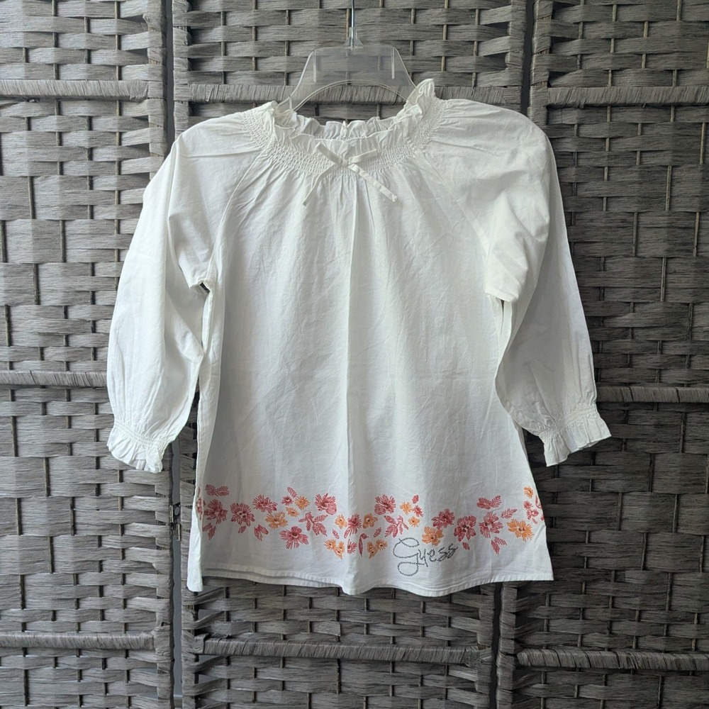 Guess Peasant Blouse White Floral Print Smocked Ruffle Top Girls Sz XL 16